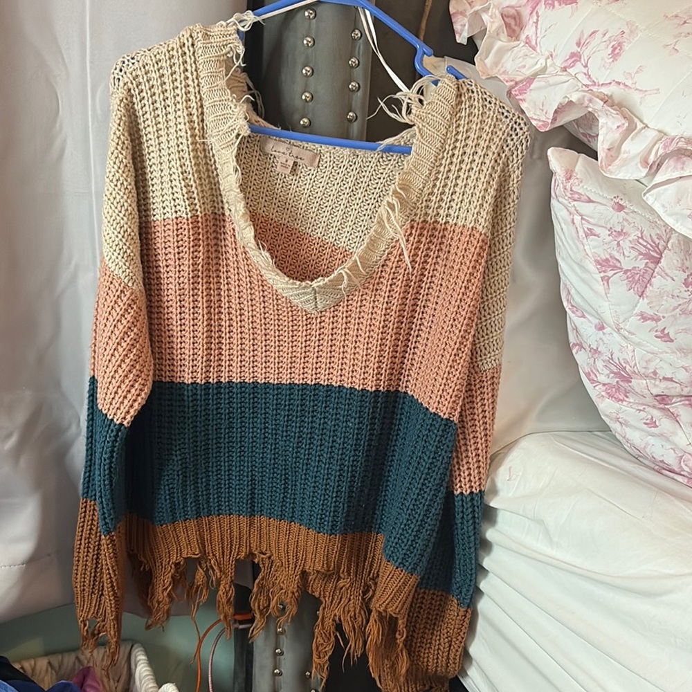 Love Tree Cream and Pink Off-the-Shoulder Sweater